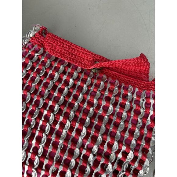 Vintage Upcycled Soda Can Pop Top Tab Handbag Red Crocheted Boho Shoulder Bag - Picture 2 of 7
